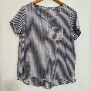 Christian Siriano Women’s Striped Linen Short Sleeve Top, White And Navy, Size S
